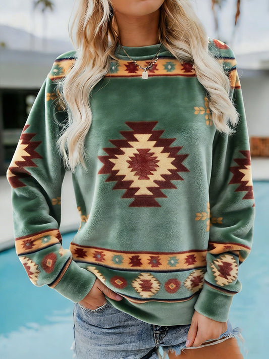Women's Vintage Western Ethnic Aztec Pattern Casual Cozy Flannel Sweatshirt gracestitchs
