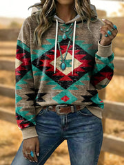 Women's Vintage Western Aztec Art Drawstring Hoodie gracestitchs