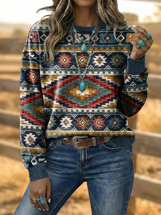 Women's Vintage Western Aztec Art Drawstring Sweatshirt gracestitchs