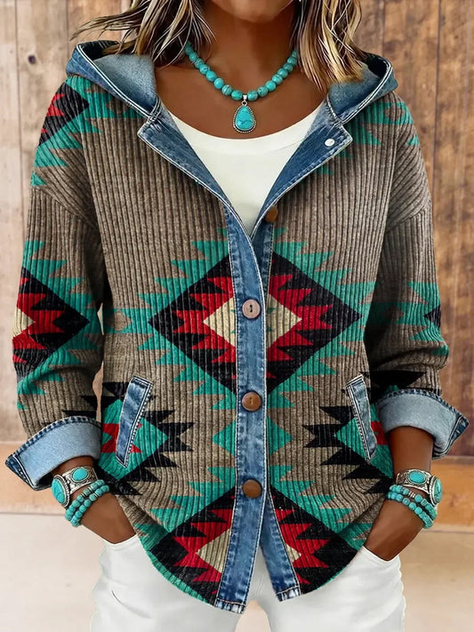 Women's Vintage Western Aztec Print Hooded Patchwork Jacket gracestitchs