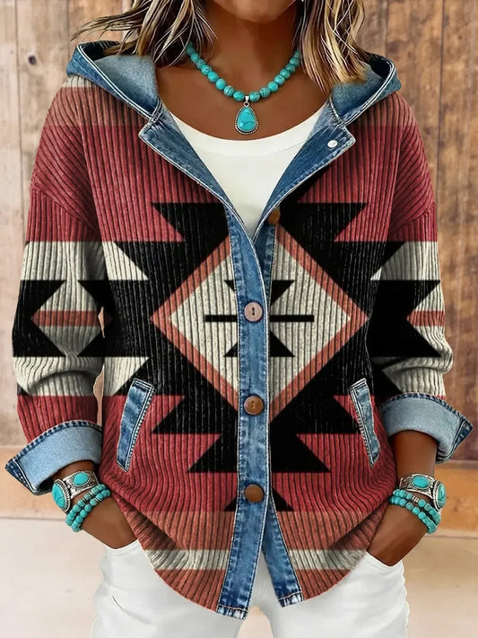 Women's Vintage Western Aztec Print Hooded Patchwork Jacket gracestitchs