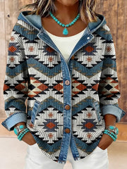 Women's Vintage Western Aztec Print Hooded Patchwork Jacket gracestitchs