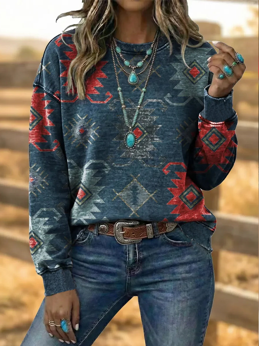 Women's Vintage Western Aztec Art Drawstring Sweatshirt gracestitchs