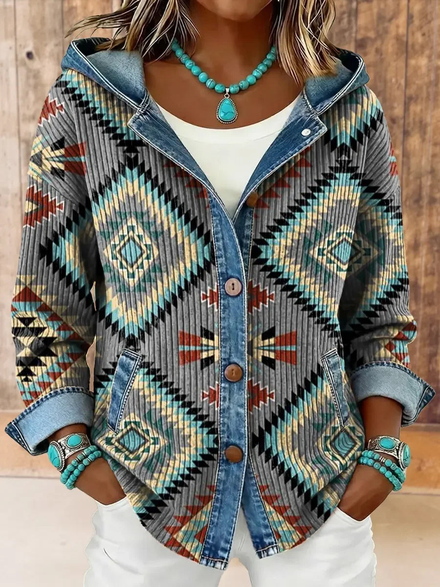 Women's Vintage Western Aztec Print Hooded Patchwork Jacket gracestitchs