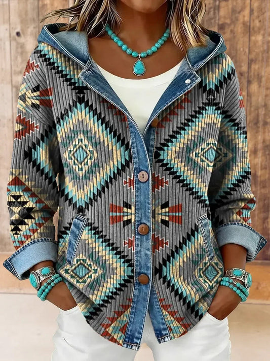 Women's Vintage Western Aztec Print Hooded Patchwork Jacket gracestitchs