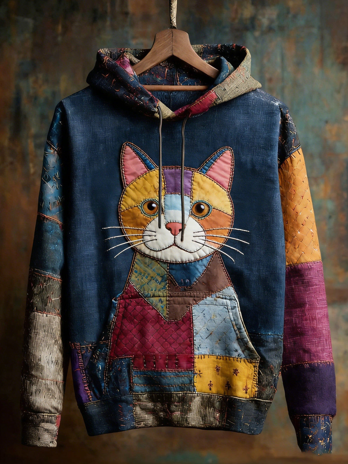 Women's Vintage Patchwork Cat Print Art Casual Hoodie gracestitchs