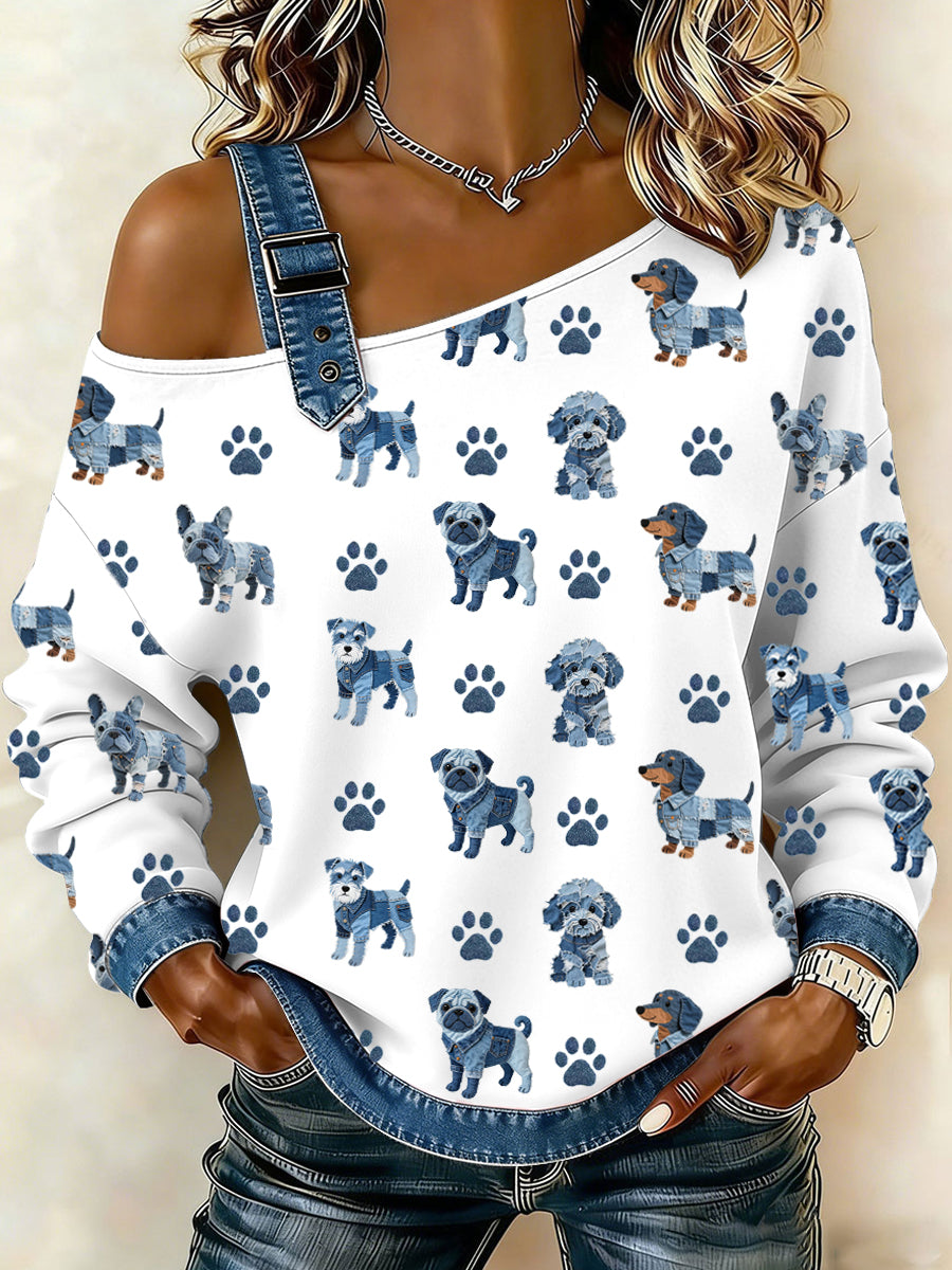 Women's Lovely Dog Pattern Denim Patchwork Top gracestitchs