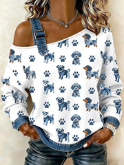 Women's Lovely Dog Pattern Denim Patchwork Top gracestitchs
