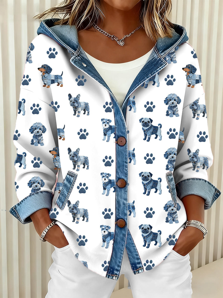 Women's Lovely Dog Pattern Denim Patchwork Hooded Cardigan gracestitchs