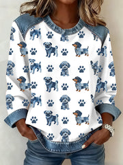 Women's Lovely Dog Pattern Denim Patchwork Sweatshirt gracestitchs