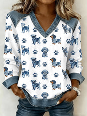 Women's Lovely Dog Pattern Denim Patchwork V-Neck Top gracestitchs