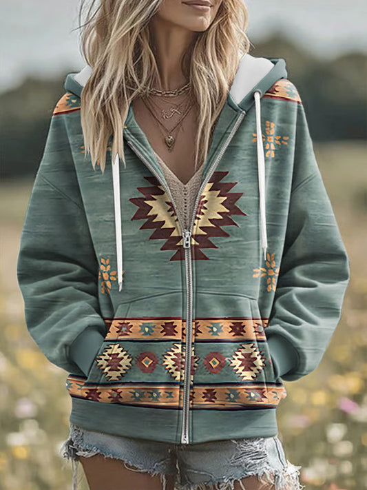 Women's Vintage Western Aztec Art Zip-Up Hoodie gracestitchs