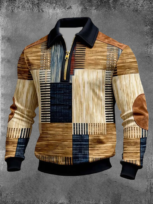 Men's Retro Color Block Print Zip-Up Sweatshirt