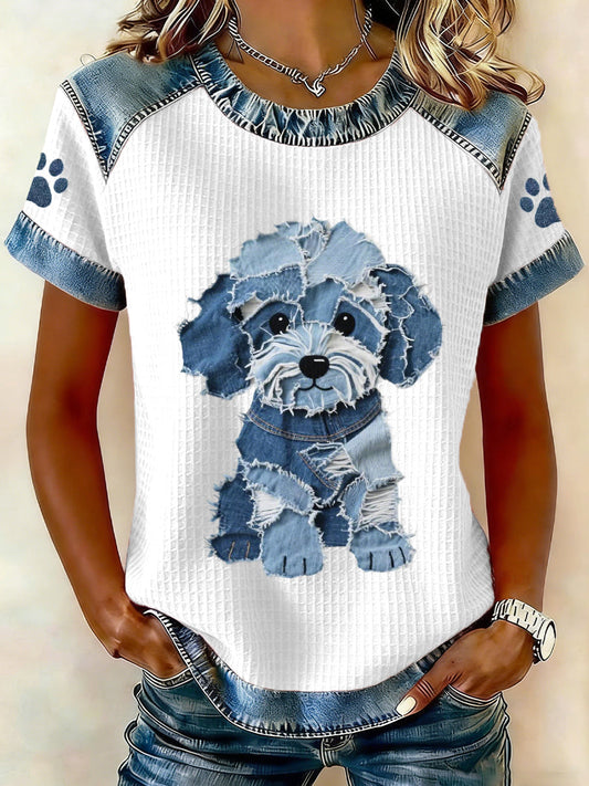 Women's Lovely Dog Pattern Denim Patchwork Top gracestitchs