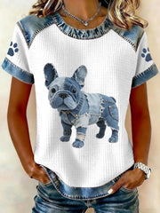 Women's Lovely French Bulldog Pattern Denim Patchwork Top gracestitchs