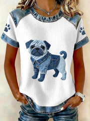 Women's Lovely Pug Pattern Denim Patchwork Top gracestitchs