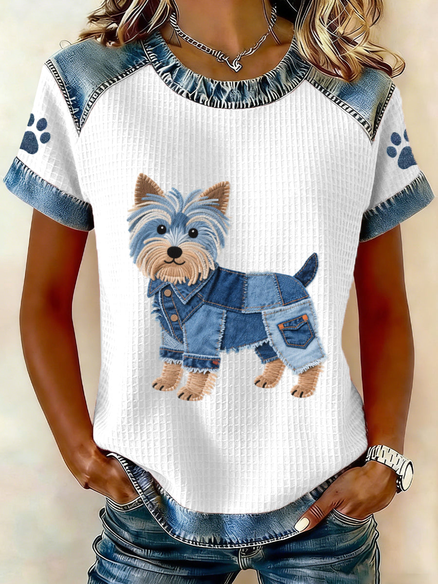 Women's Lovely Yorkshire Terrier Pattern Denim Patchwork Top gracestitchs