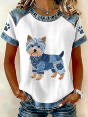 Women's Lovely Yorkshire Terrier Pattern Denim Patchwork Top gracestitchs