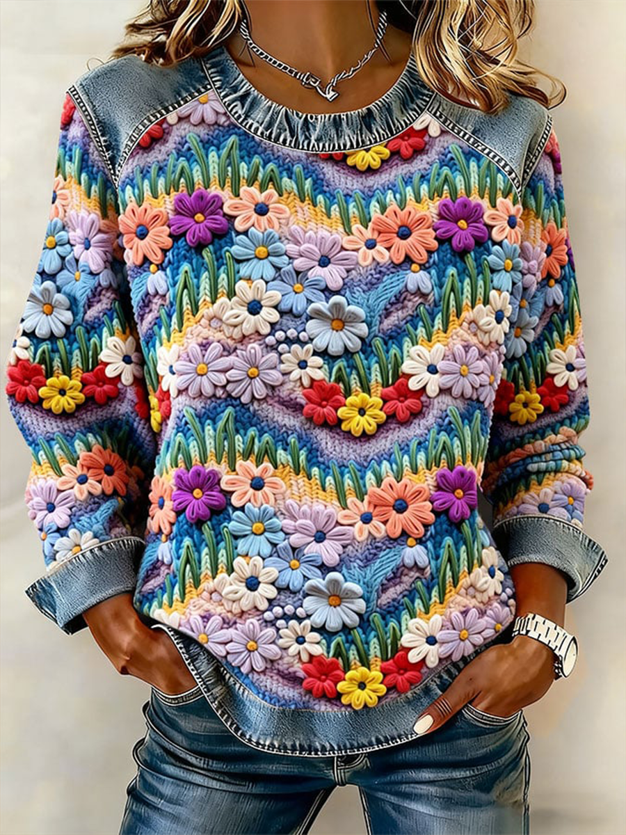 Women's Western Style Floral Denim Patchwork Top gracestitchs