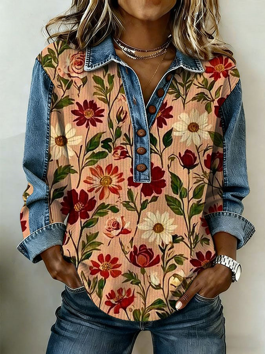 Women's Western Floral Denim Patchwork Top gracestitchs