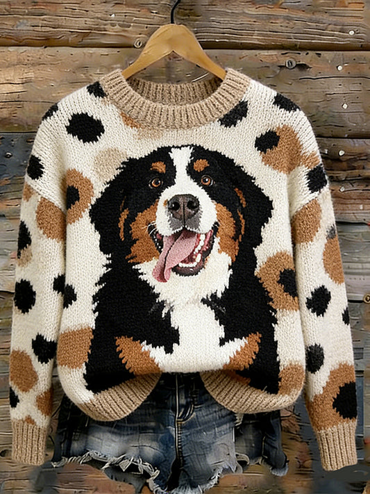 Women's Retro Cute Puppy Pattern Round Neck Sweater