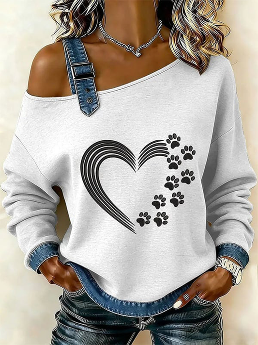 Women's Love Heart And Dog Paw Print Denim Patchwork Off-Shoulder Sweatshirt