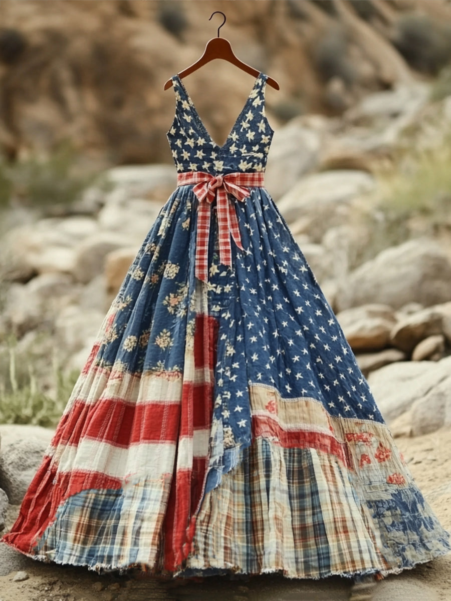 Women's American Flag Anniversary Patchwork Maxi Dress gracestitchs