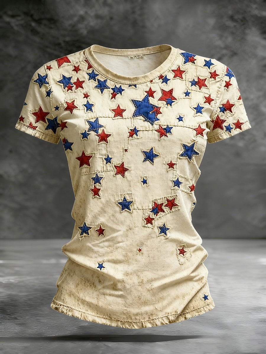 Women's American flag Anniversary Patchwork Pattern Vintage Washed T-Shirt gracestitchs