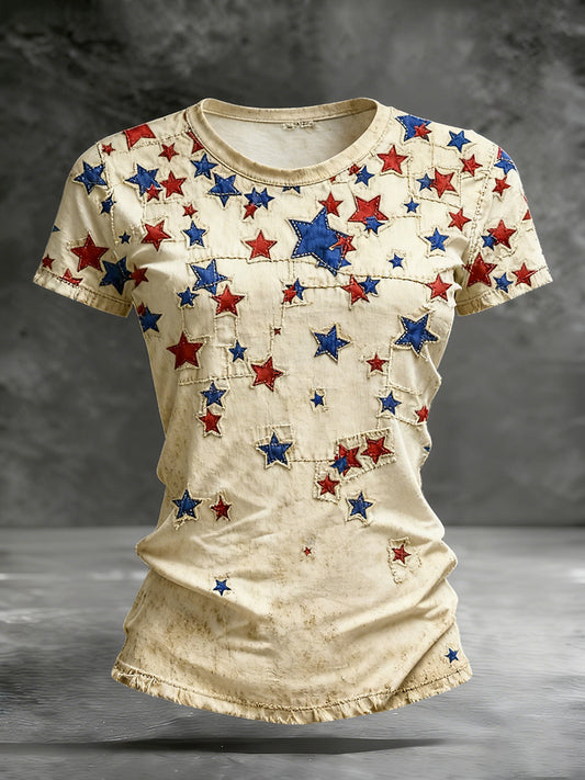 Women's American flag Anniversary Patchwork Pattern Vintage Washed T-Shirt gracestitchs