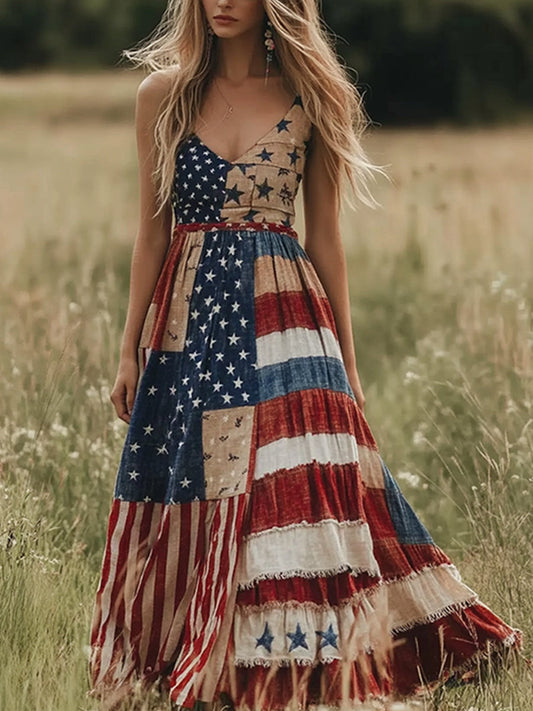 Women's American Flag Anniversary Patchwork Maxi Dress gracestitchs
