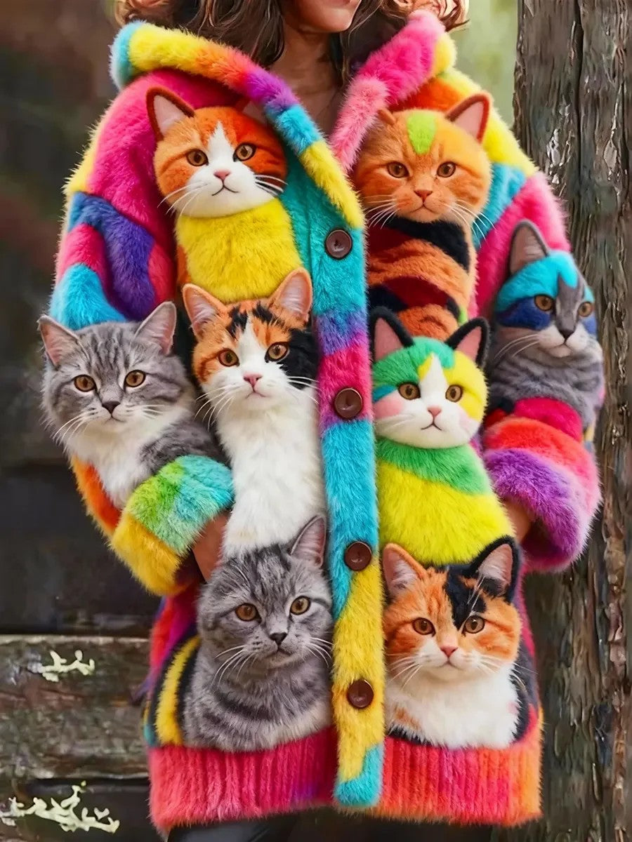 Women's Animal Cat Print Flannel Warm Jacket