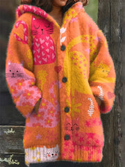 Women's Animal Cat Print Flannel Warm Jacket