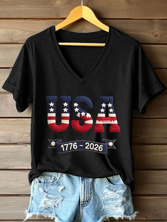Women's USA 1776-2026 Print V-Neck T-Shirt