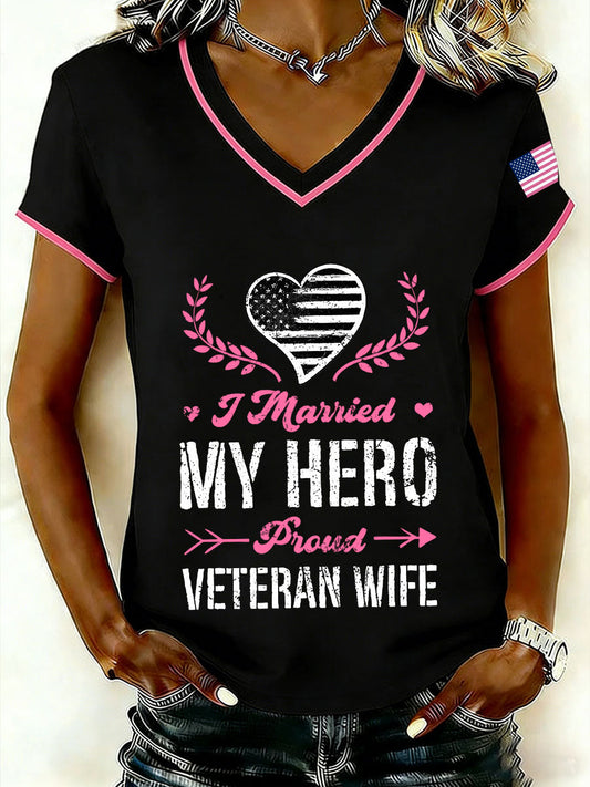 Women's I married my hero proud veteran wife V-neck T-shirts gracestitchs