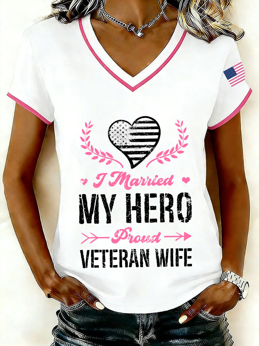 Women's I married my hero proud veteran wife V-neck T-shirts gracestitchs