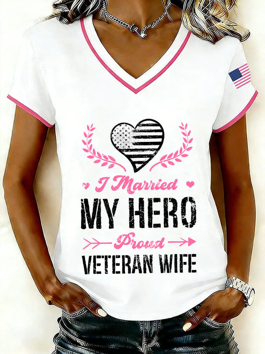 Women's I married my hero proud veteran wife V-neck T-shirts gracestitchs