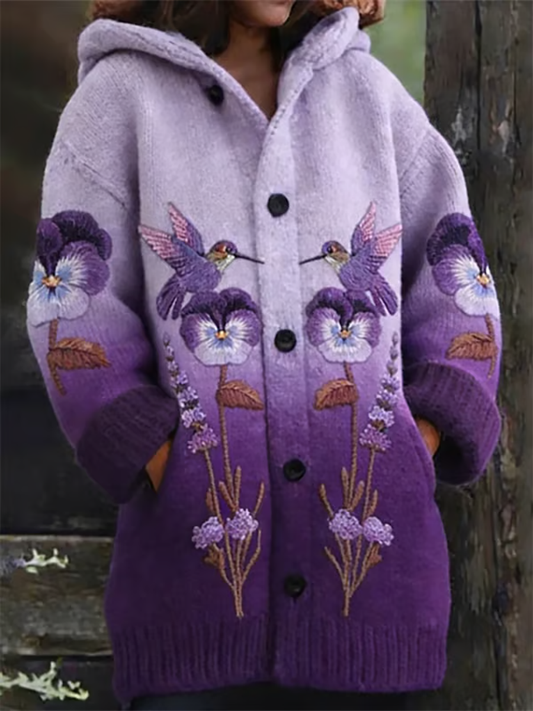 Women's casual hummingbird and floral print Composite Fleece Long Coat