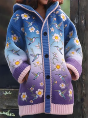 Women's casual hummingbird and floral print Composite Fleece Long Coat