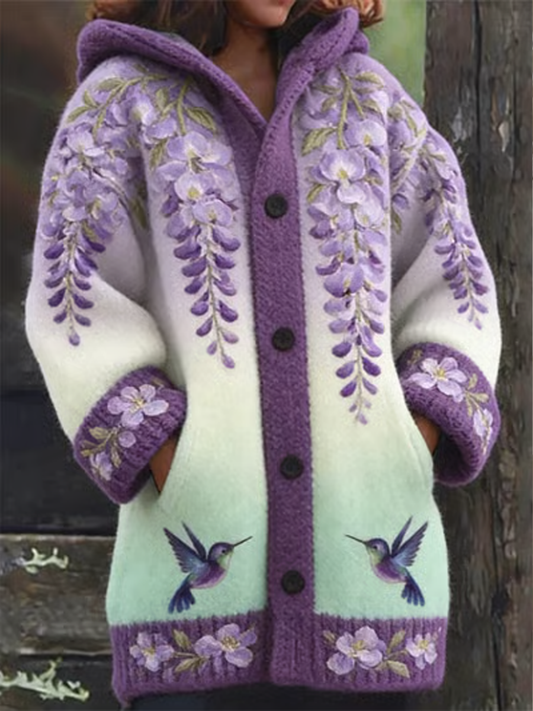 Women's casual hummingbird and floral print Composite Fleece Long Coat