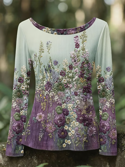 Women's Floral Art Print Round neck long sleeve T-shirt