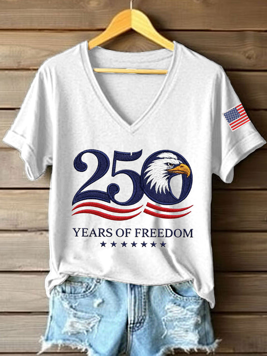 Women's 250th Anniversary Embroidery Pattern V-Neck T-Shirt