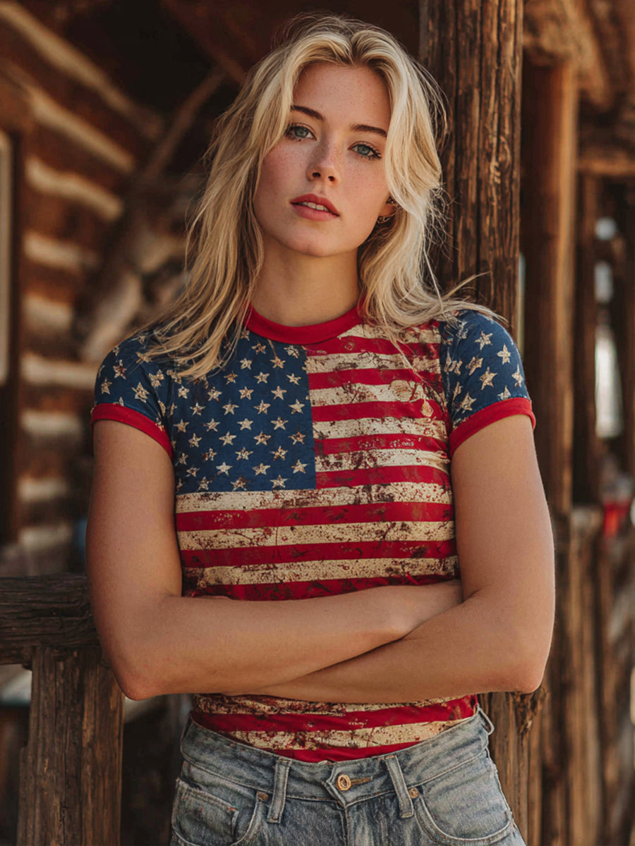 Women's American Flag Inspired Print Vintage T-Shirt gracestitchs