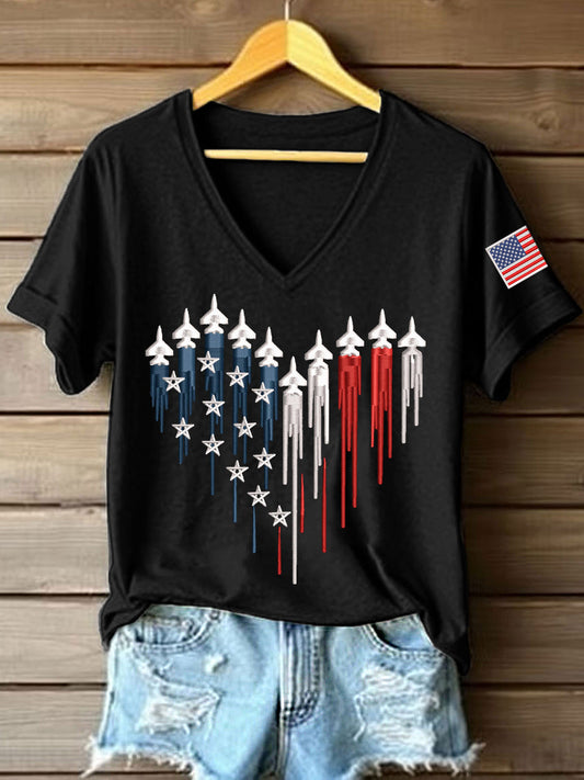 Women's 250th Anniversary Embroidery Pattern V-Neck T-Shirt