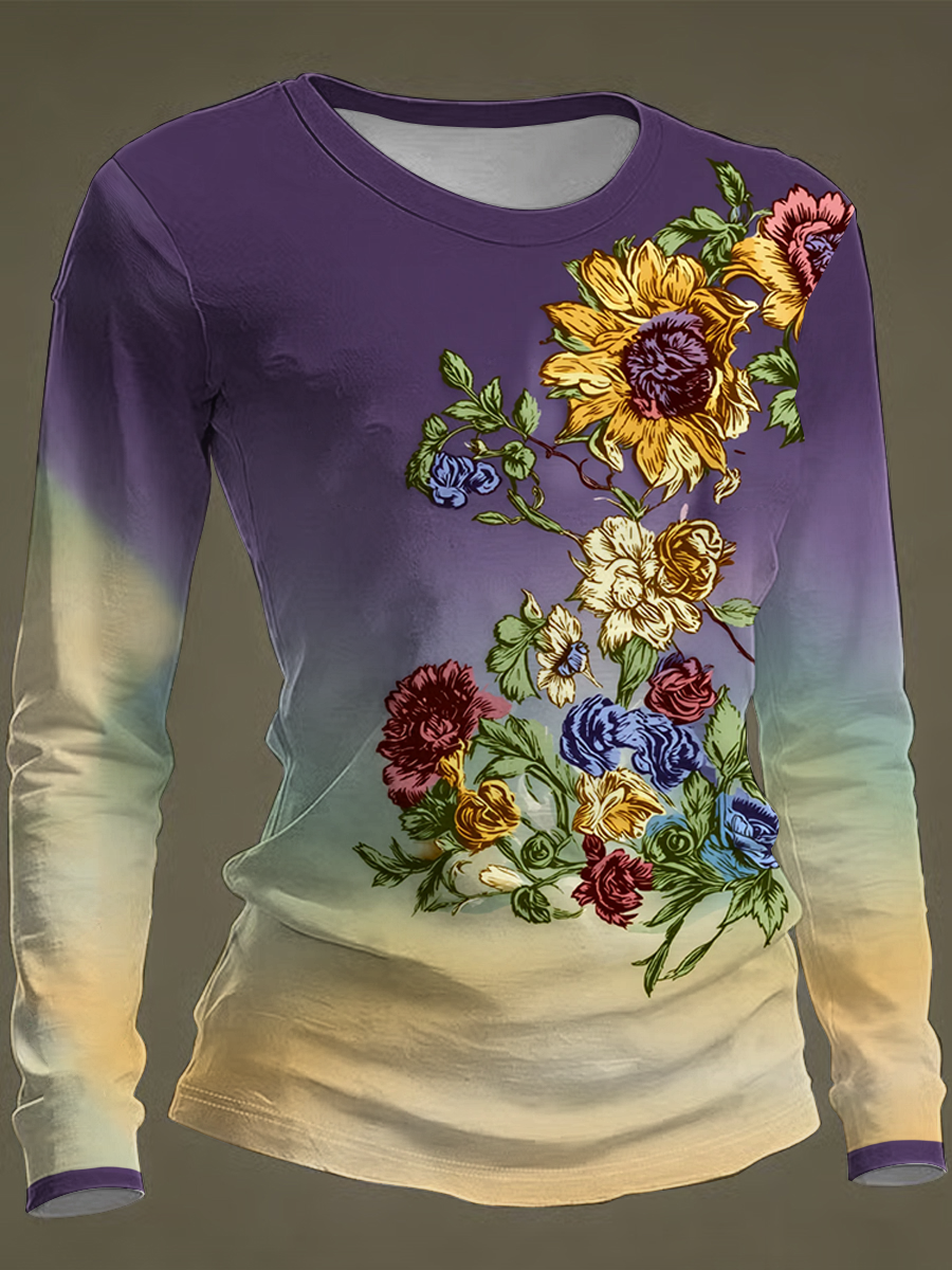 Women's Floral Print round neck long sleeve T-shirt