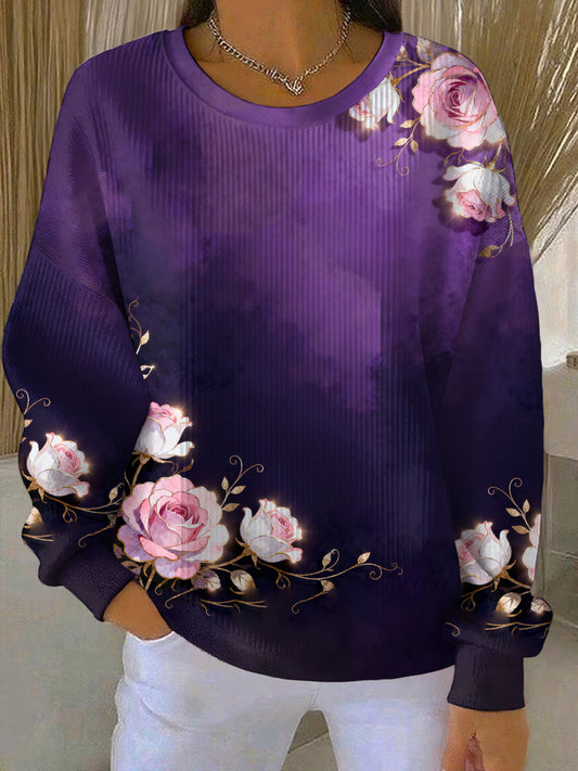 Women's Floral Print Ribbed Round-Neck Sweatshirt