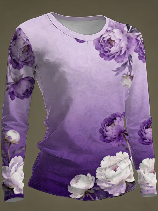 Women's Floral Print Round-Neck Long-Sleeve T-Shirt