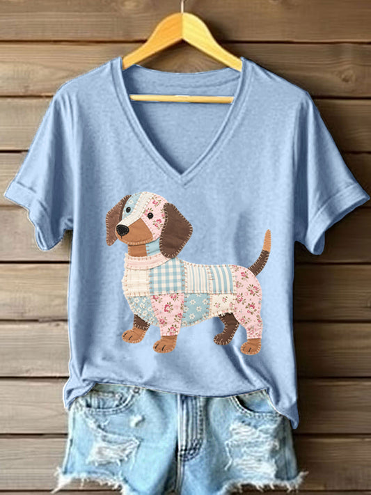 Women's Patchwork Art Dachshund Pattern V-Neck T-Shirt