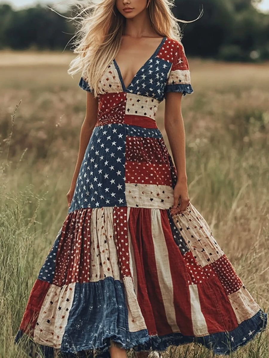 Women'sAmerican Flag  Inspired Linen V-Neck Dress gracestitchs