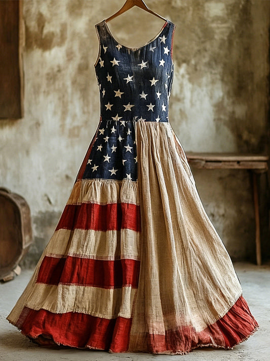 Women's American Flag  Inspired Linen Sleeveless Dress gracestitchs