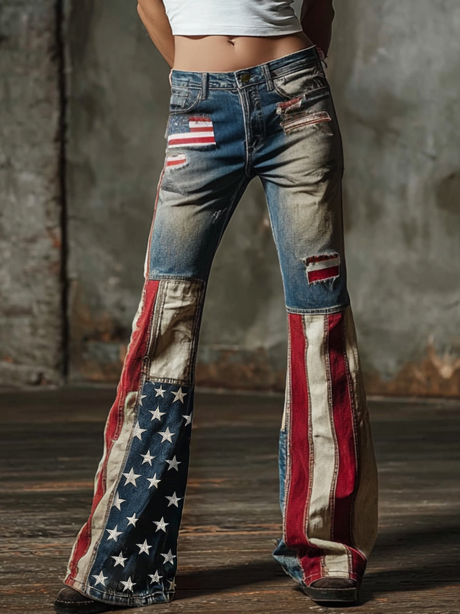 Women's American Flag Inspired Print Vintage Washed Jeans gracestitchs